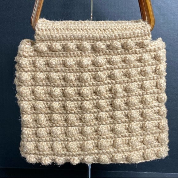 Vintage Crochet Bobble Popcorn Stitch Handbag Tan Tortoiseshell‎ Resin Handle - Picture 7 of 7